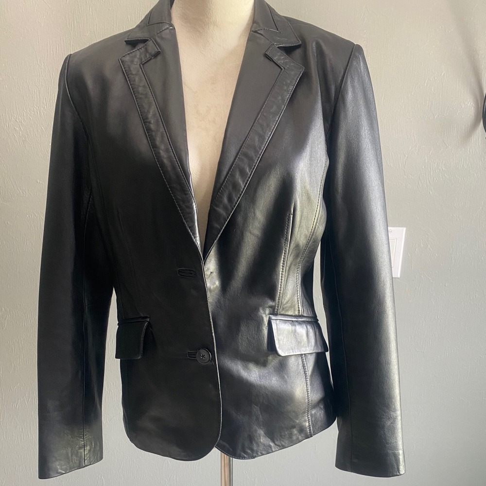 Alfani Womens Black 100%‎ Leather Two Button Blazer Jacket Size M